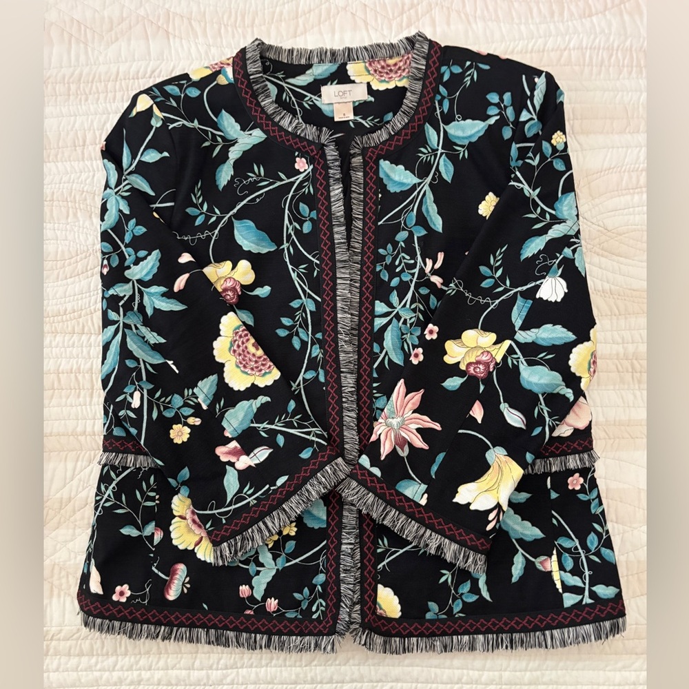 Loft Black Floral Jacket with Fringe Embellishment Size 8